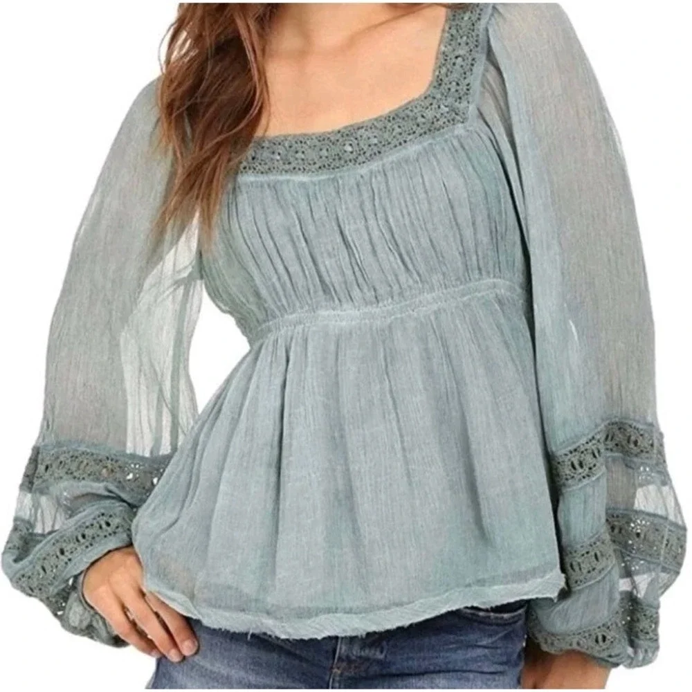 Free People Peasant Top Size Medium Moonchaser Blue Dust Mineral Puff Sleeve